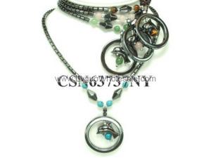 Semi precious Stone with Hematite Stone Beads Dophin Charm Choker Collar Pendant Necklace